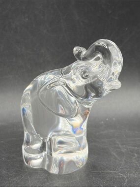 Steuben Signed Clear Crystal Trunk Up Elephant Figural Figurine Paperweight